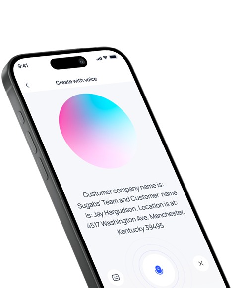Stoa Mobile — Create with voice screen showing a transcribed customer and location